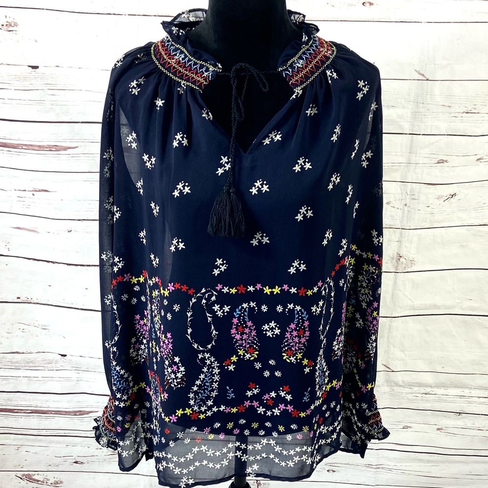 CAbi Top‎ Womens Size M Blue Sheer Floral Blouse Long Sleeves Style 5784